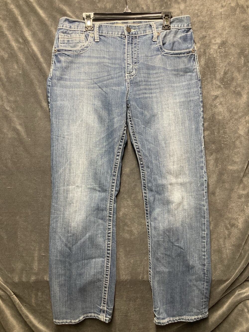 BKE Tyler Straight Denim Blue Jeans Mens 34x30 Thick Stitch Faded Distressed